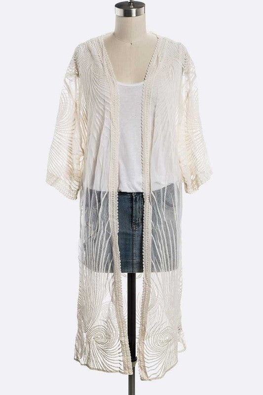 Spiral Lace Embroidered Kimono Duster Cardigan