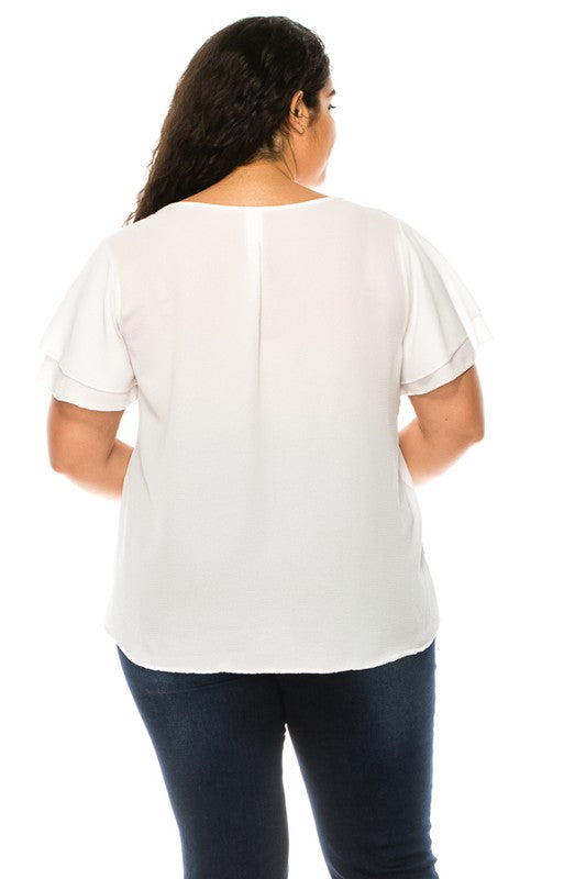 Plus Size, Short Flutter Sleeve Keyhole Blouse