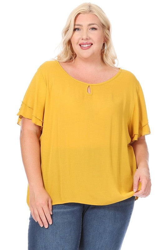 Plus Size, Short Flutter Sleeve Keyhole Blouse