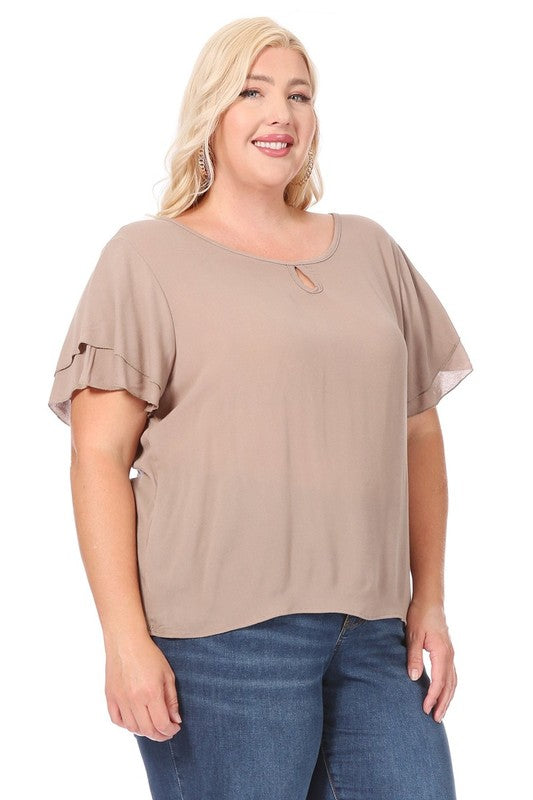 Plus Size, Short Flutter Sleeve Keyhole Blouse
