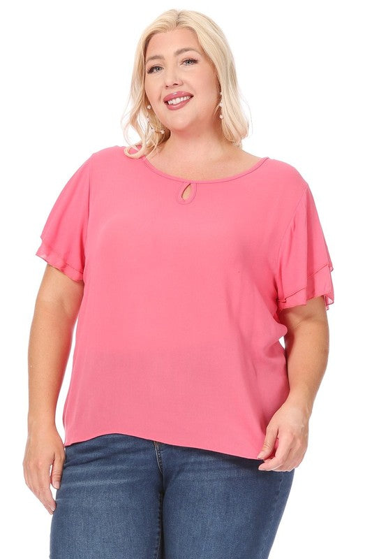 Plus Size, Short Flutter Sleeve Keyhole Blouse