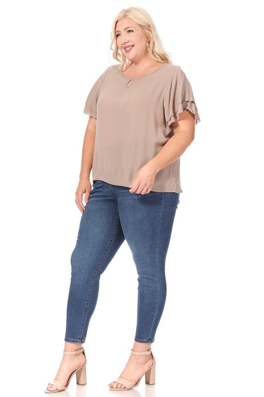 Plus Size, Short Flutter Sleeve Keyhole Blouse