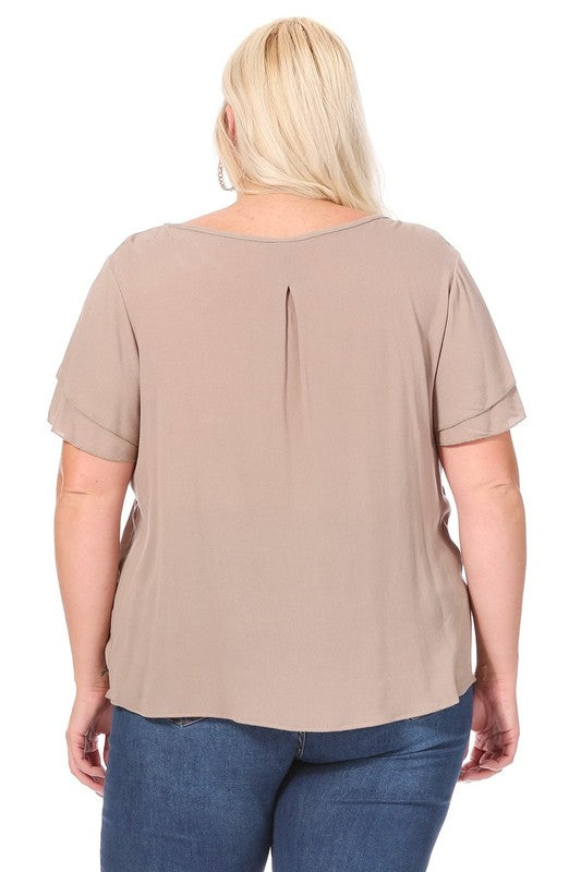 Plus Size, Short Flutter Sleeve Keyhole Blouse