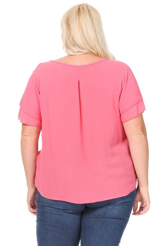 Plus Size, Short Flutter Sleeve Keyhole Blouse