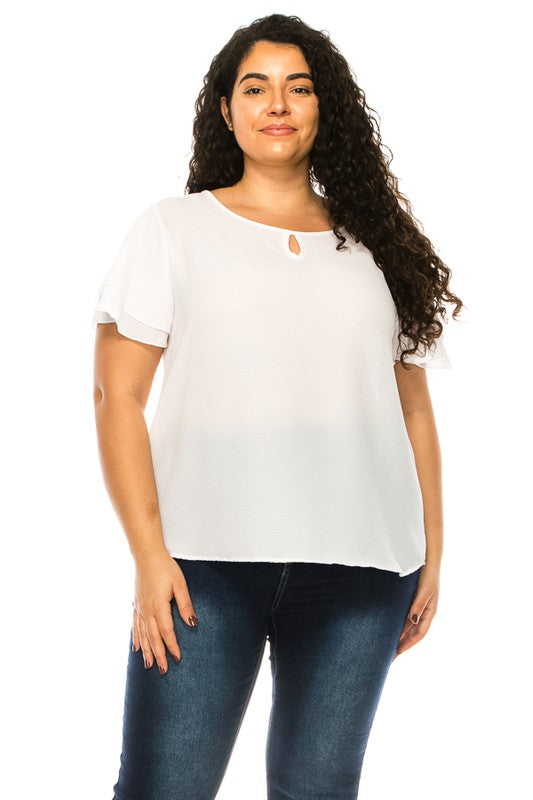 Plus Size, Short Flutter Sleeve Keyhole Blouse