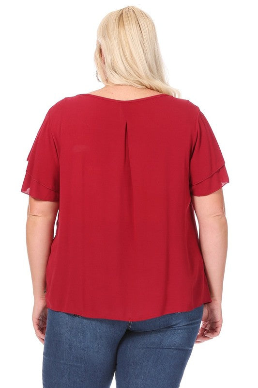 Plus Size, Short Flutter Sleeve Keyhole Blouse