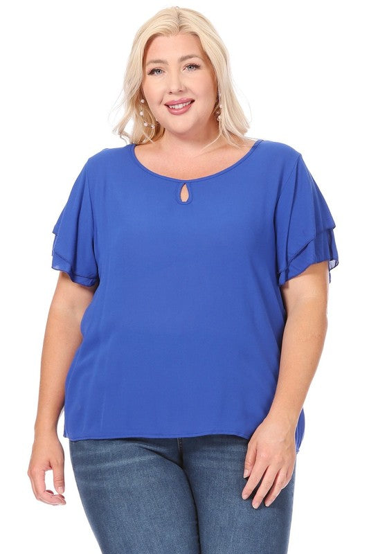 Plus Size, Short Flutter Sleeve Keyhole Blouse