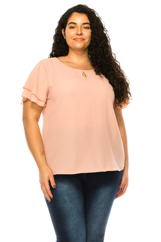 Plus Size, Short Flutter Sleeve Keyhole Blouse
