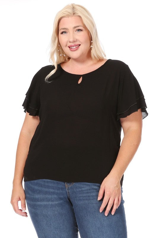 Plus Size, Short Flutter Sleeve Keyhole Blouse