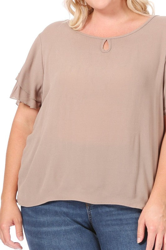 Plus Size, Short Flutter Sleeve Keyhole Blouse