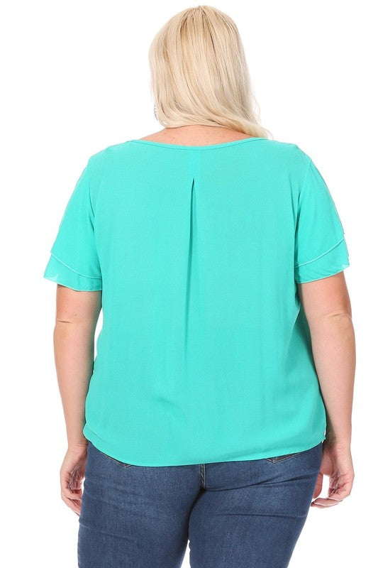 Plus Size, Short Flutter Sleeve Keyhole Blouse