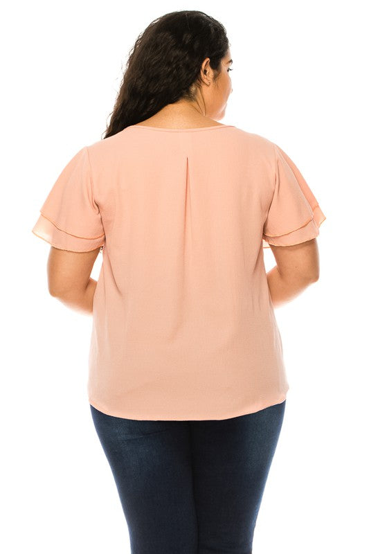 Plus Size, Short Flutter Sleeve Keyhole Blouse