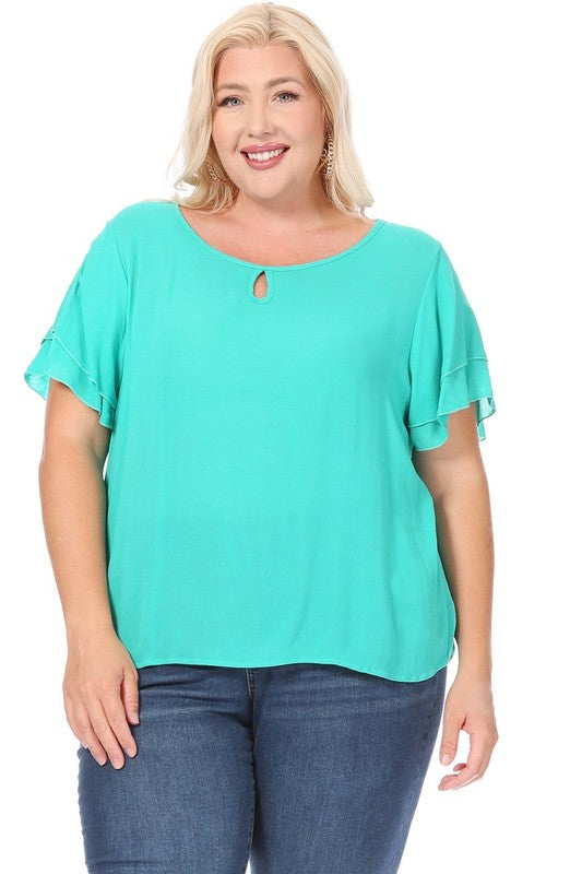 Plus Size, Short Flutter Sleeve Keyhole Blouse