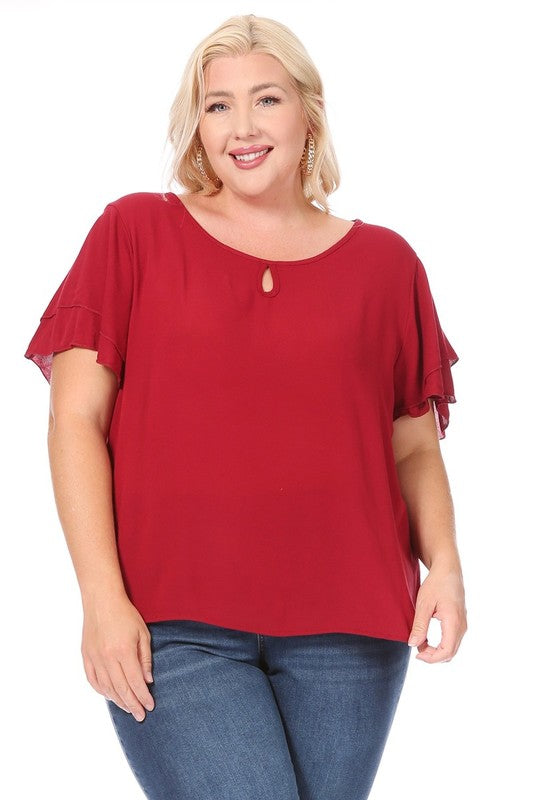 Plus Size, Short Flutter Sleeve Keyhole Blouse