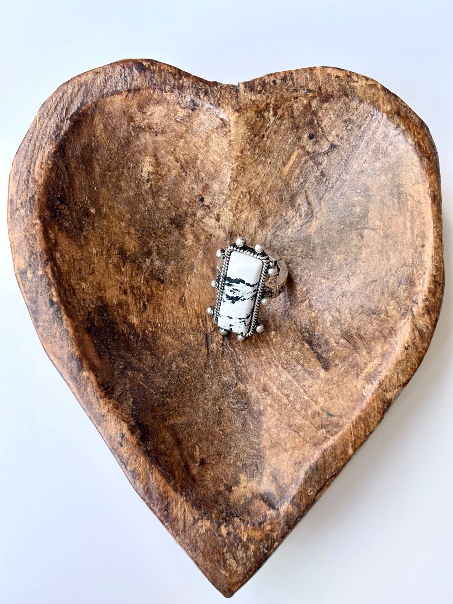 Western Rectangle Bar Concho Marble Stone Stretch Band Ring