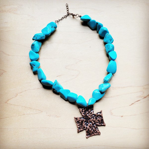 Copper Cross Chunky Blue Turquoise Collar Necklace Cross Pendant