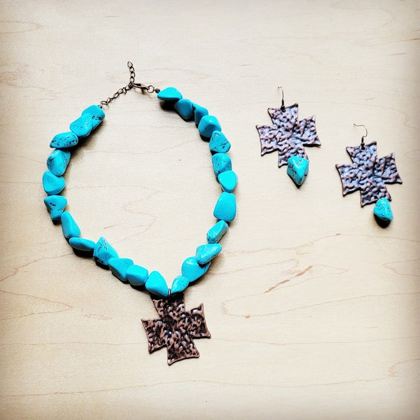 Copper Cross Chunky Blue Turquoise Collar Necklace Cross Pendant