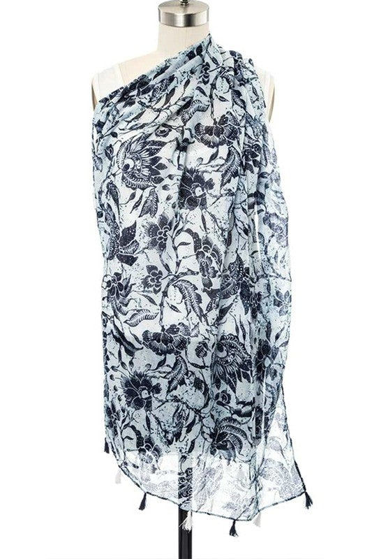 Floral Print Large Tassel Scarf