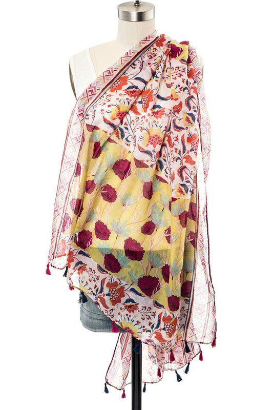 Mix Flower Print Large Tassel Scarf