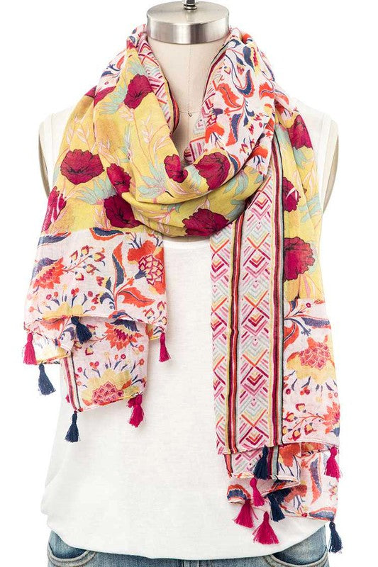 Mix Flower Print Large Tassel Scarf