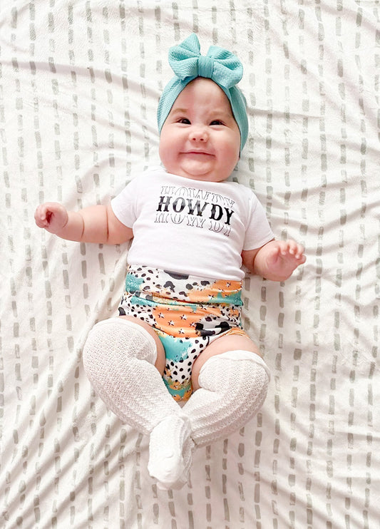Howdy Western Cow Print Brushstroke Baby Bummies Set