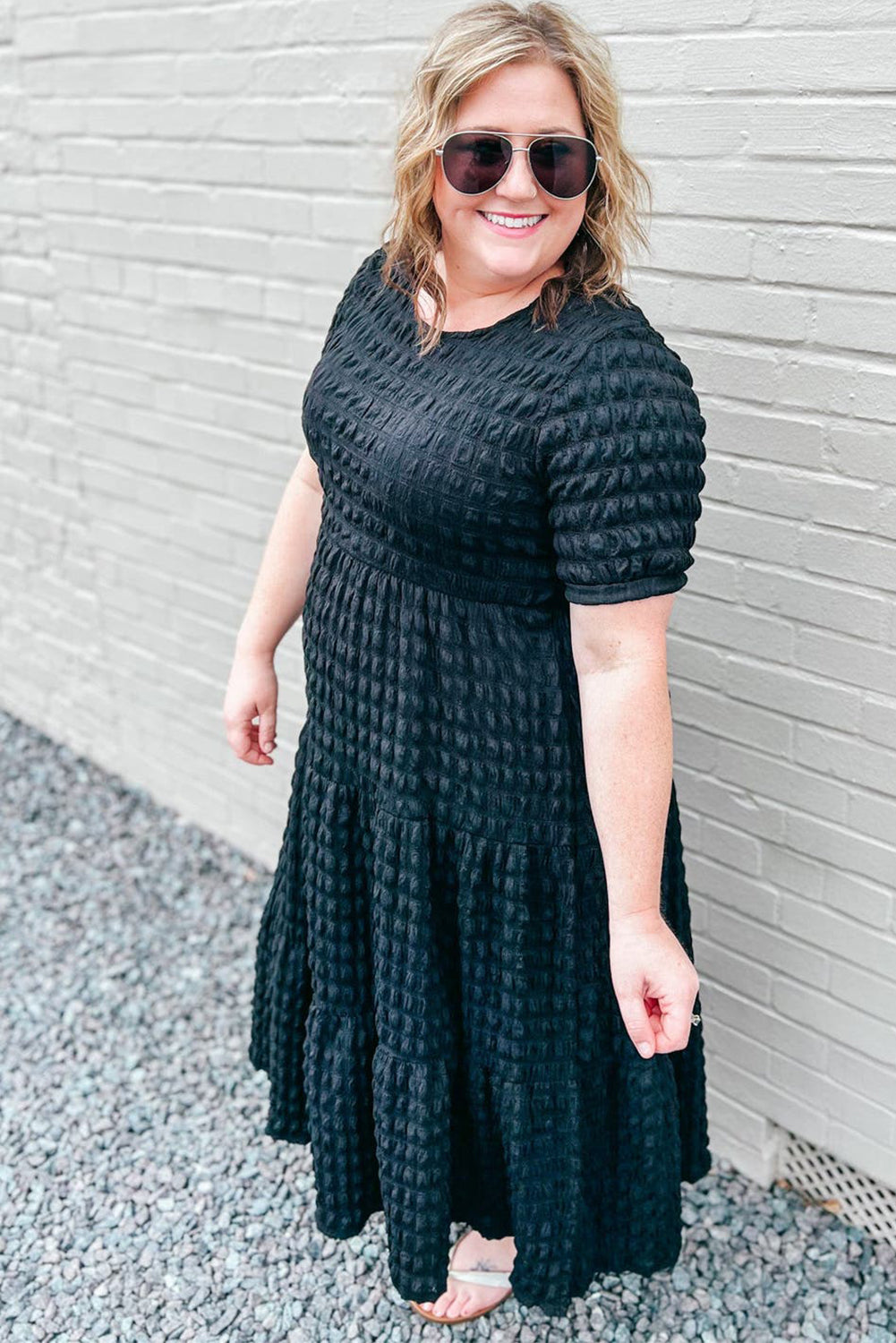 Black Plus Size Textured Tiered Short Sleeve Maxi Dress