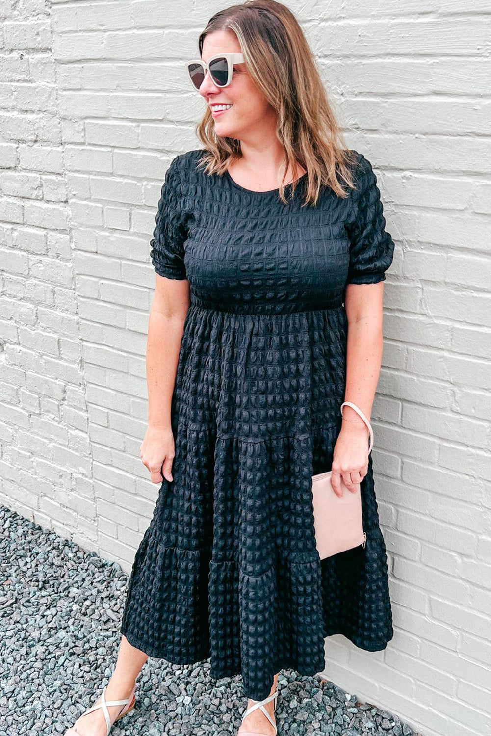 Black Plus Size Textured Tiered Short Sleeve Maxi Dress
