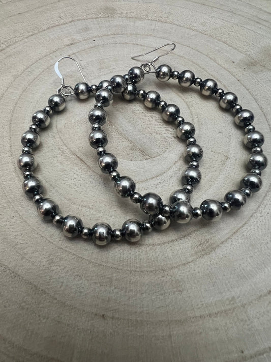 6mm and 3mm Sterling Silver Pearl Hoop Earrings - 2 inch drop