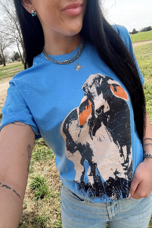 Person wearing a blue t-shirt with a graphic design outdoors