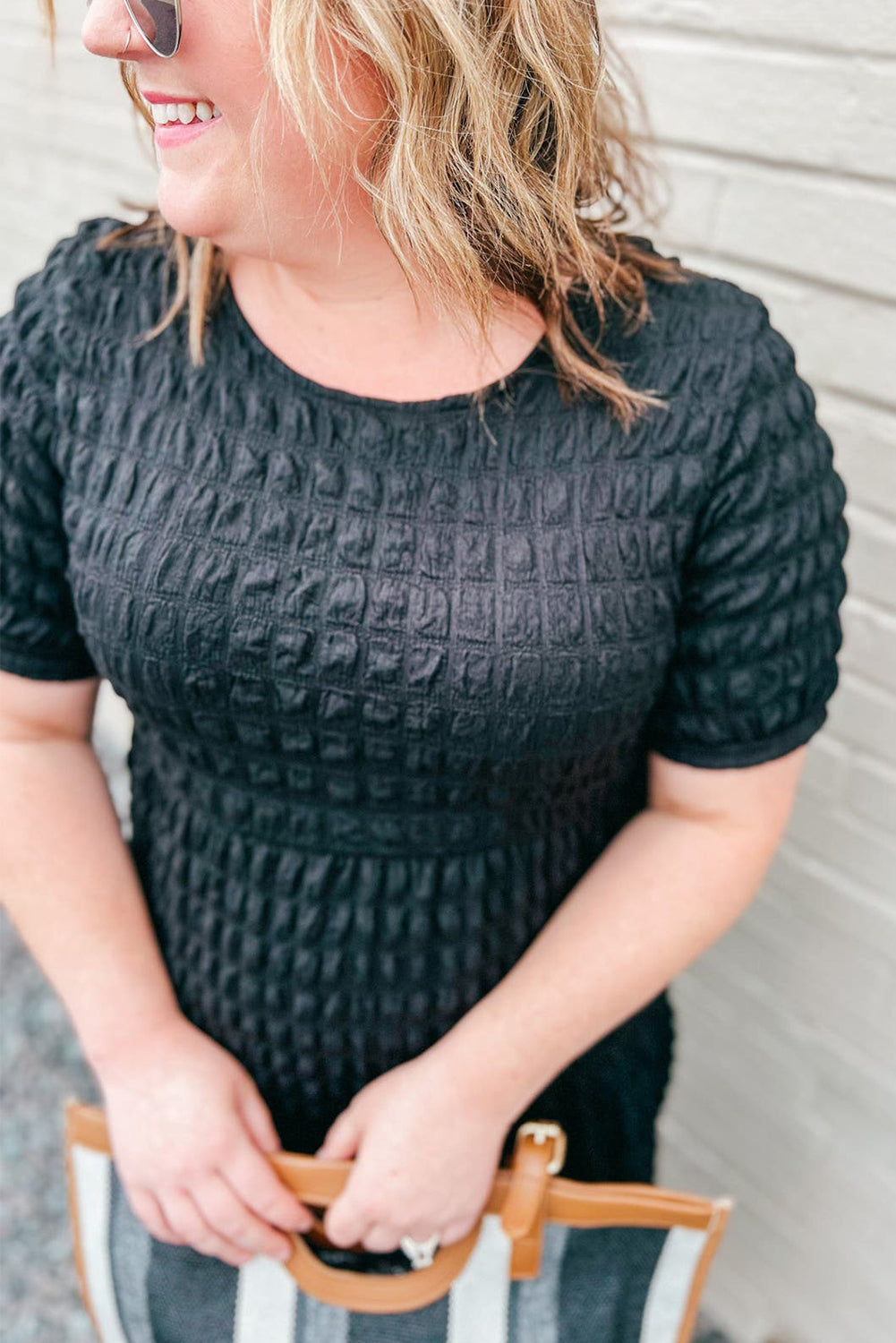 Black Plus Size Textured Tiered Short Sleeve Maxi Dress