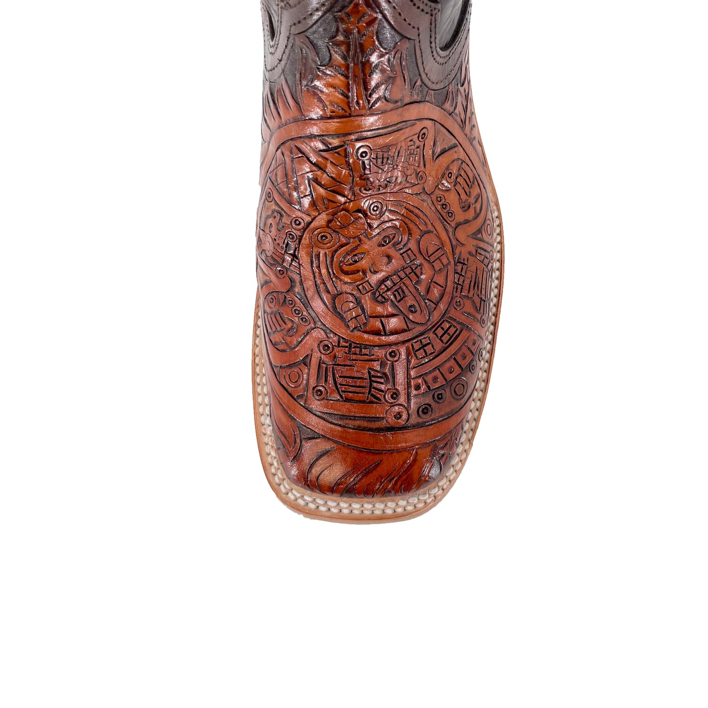 Men's Bulldog Hand Tooled Boots - Aztec Calendar Bitone
