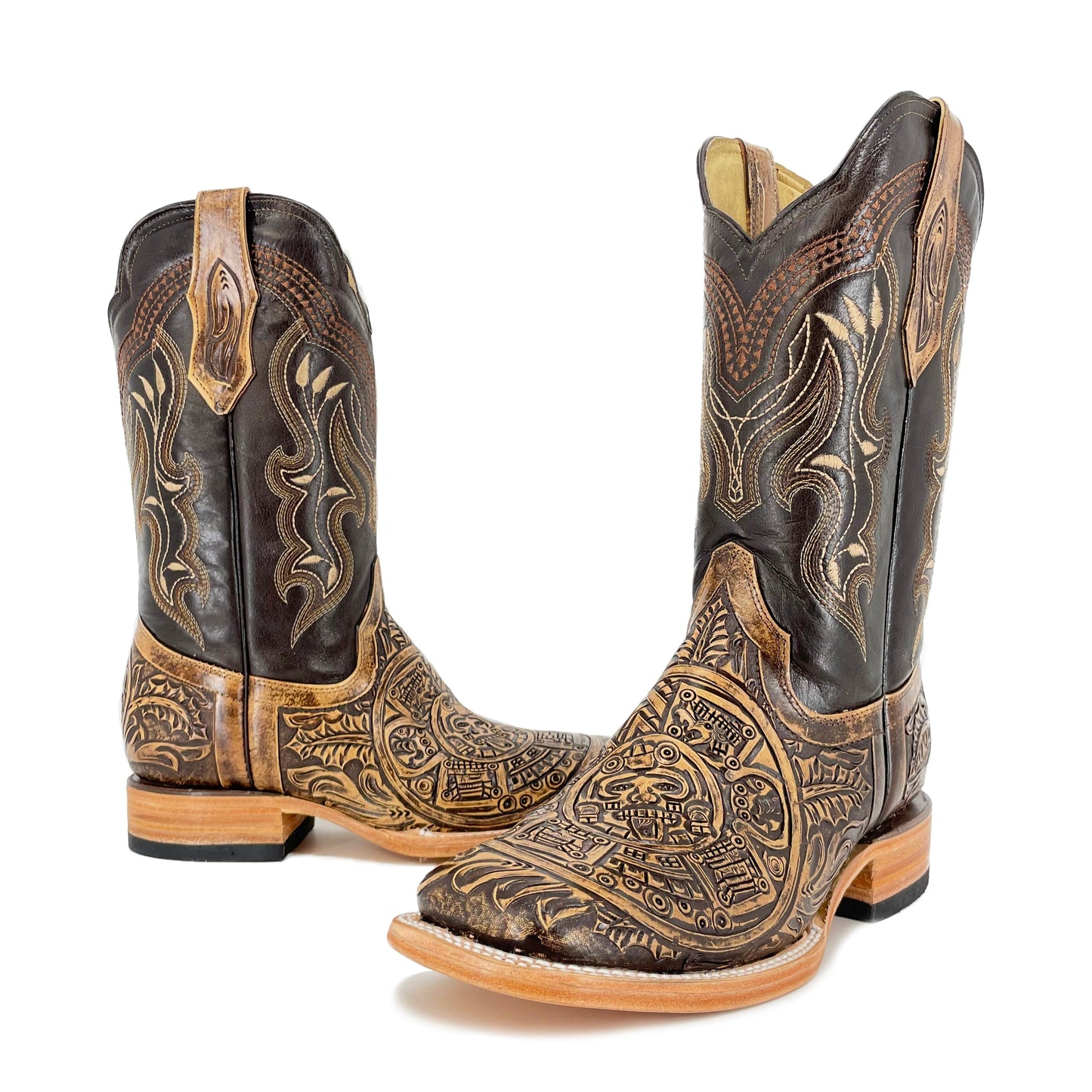 Men's Bulldog Hand Tooled Boots- Aztec Calendar Rustic