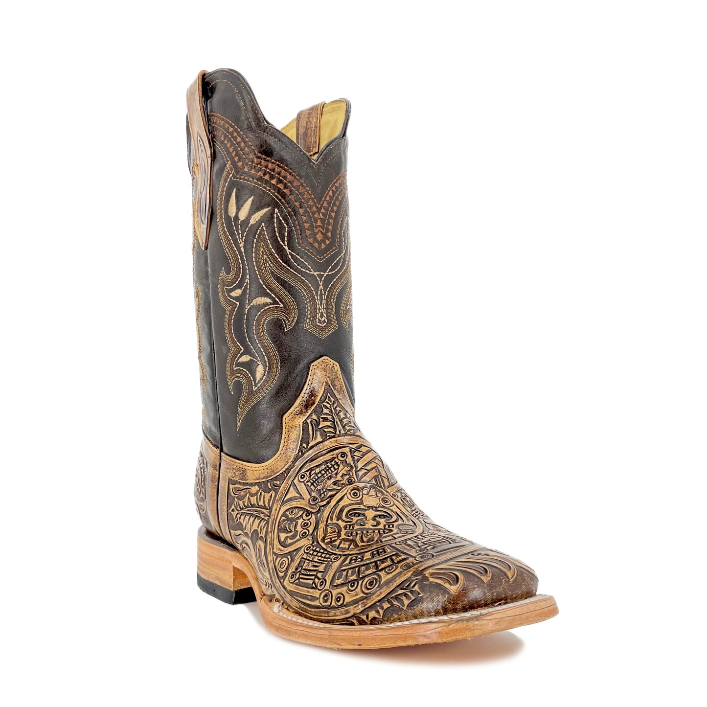 Men's Bulldog Hand Tooled Boots- Aztec Calendar Rustic
