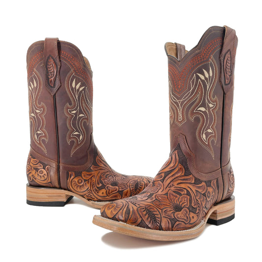 Men's Bulldog Hand Tooled Boots- Brown Bitone