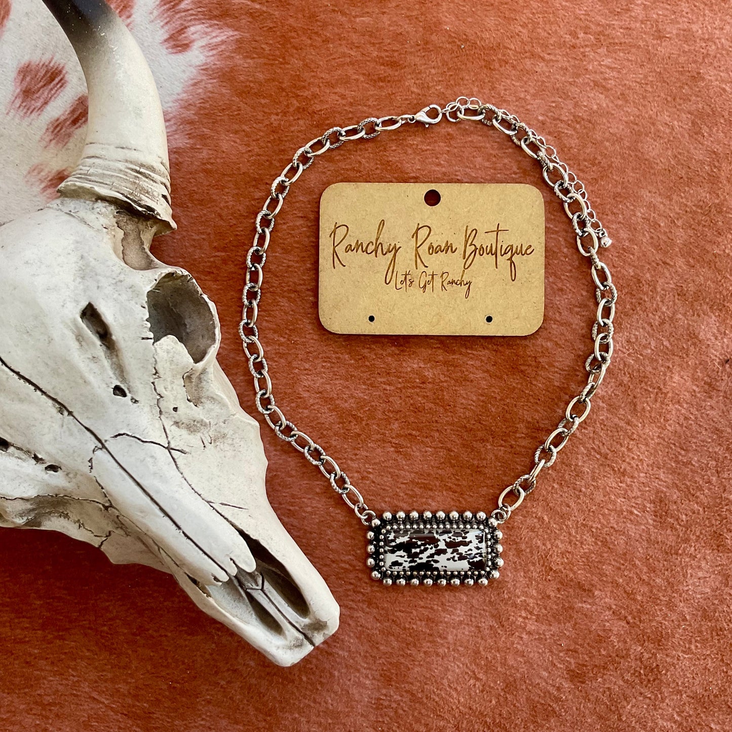 Cow Printed Bar Necklace - Western Cowhide Style
