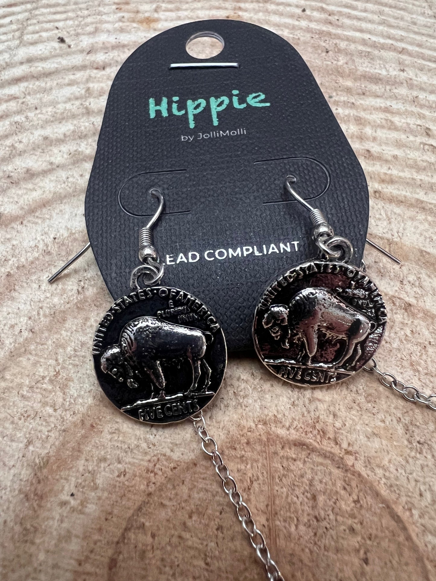 Western Buffalo Coin Necklace & Earring Set - 18 inch