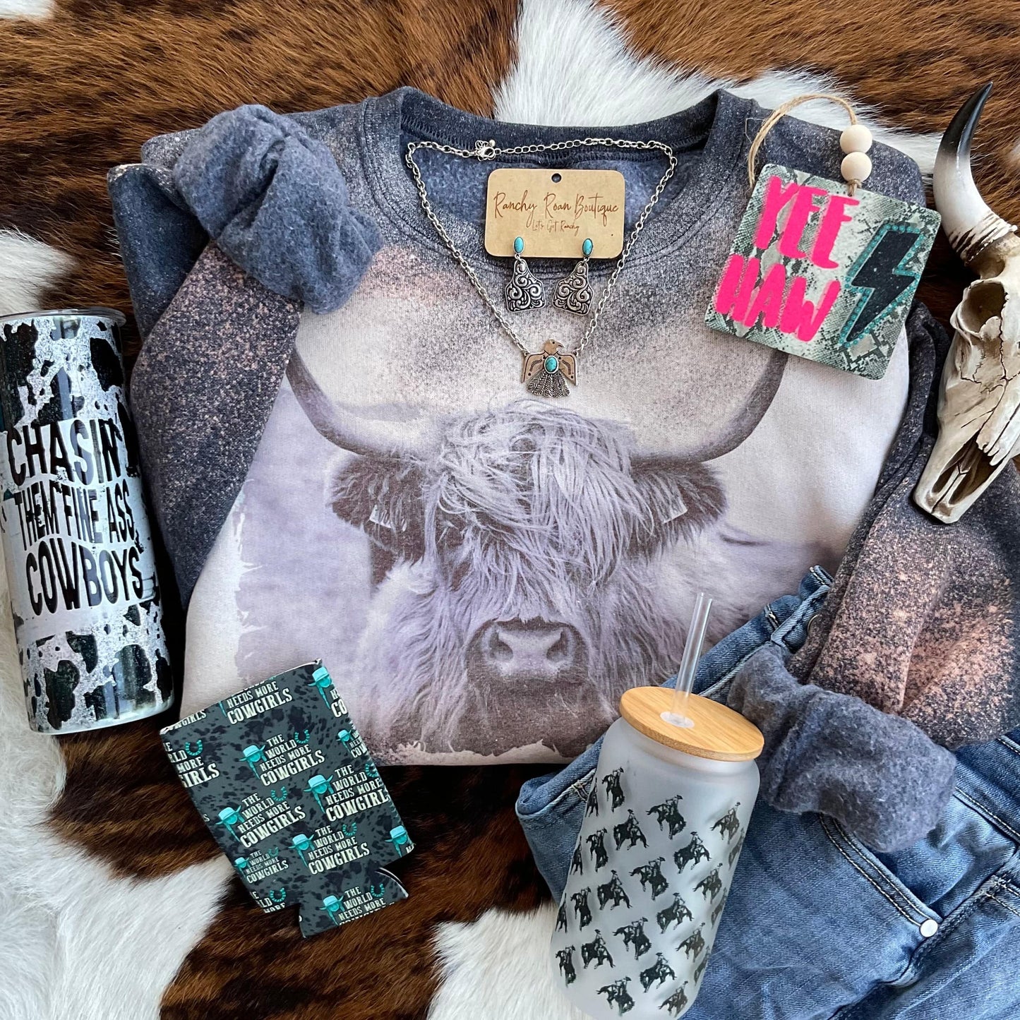 Highland Cow Western Distressed Sweatshirt