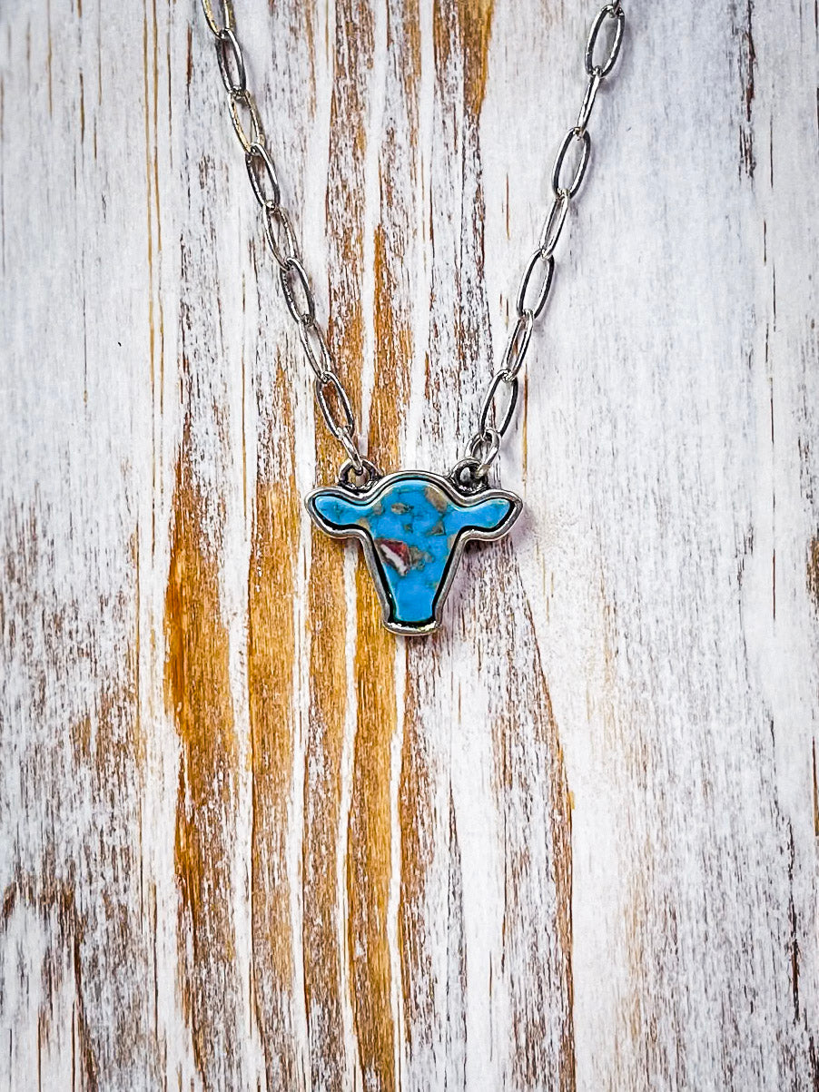 Lulu Cow Pendant Fashion Necklace - Turquoise