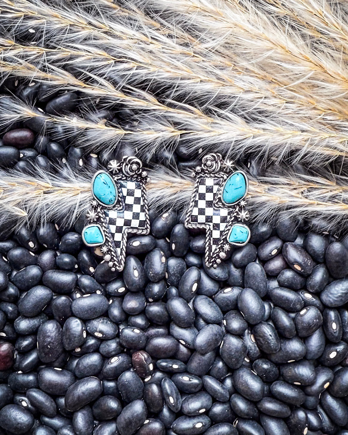 The Thunderbolt Studs – Checker & Aqua Stone Fashion Earrings