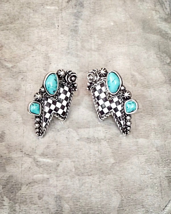 The Thunderbolt Studs – Checker & Aqua Stone Fashion Earrings