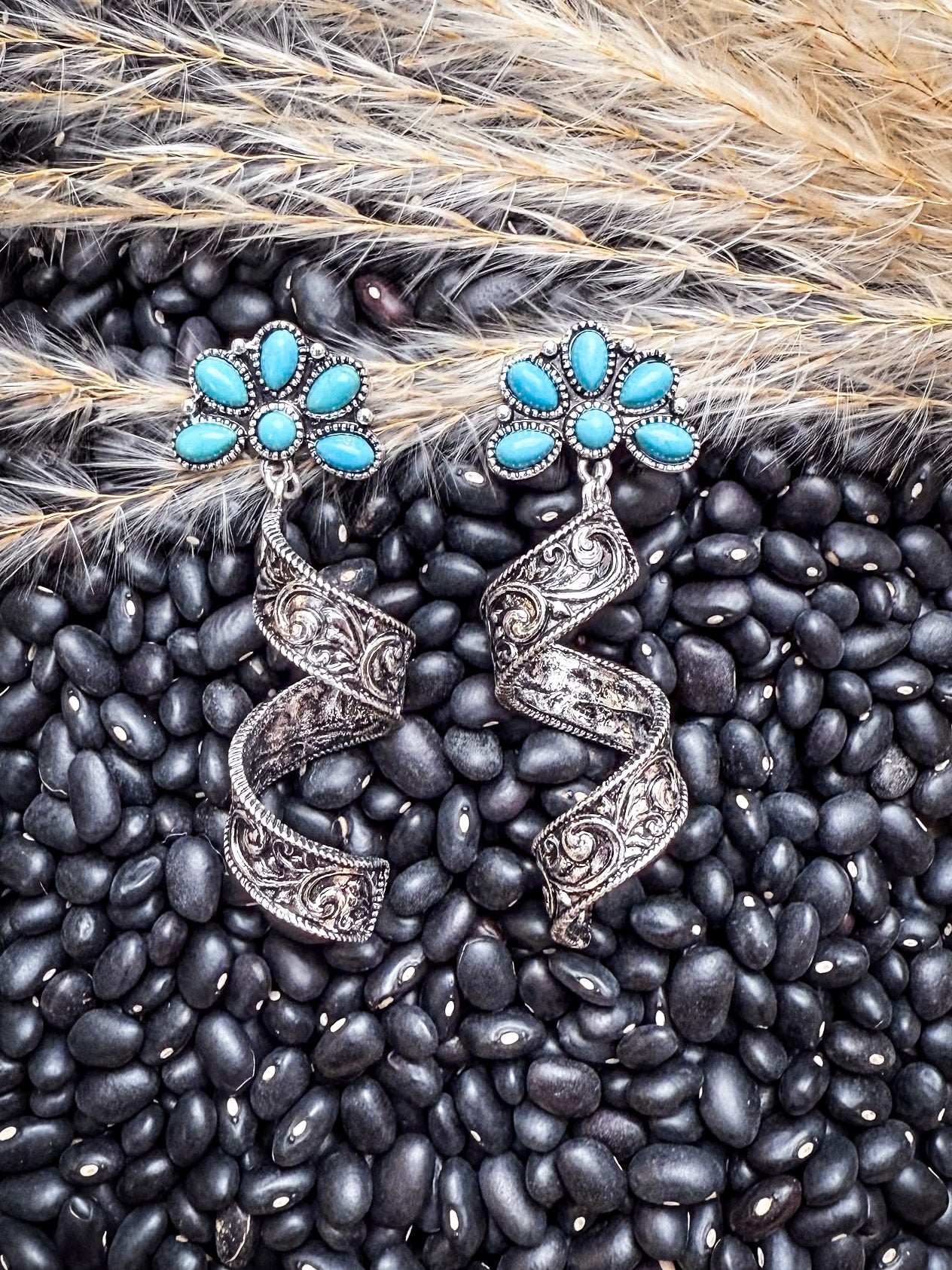 The Desert Bloom Spirals – Filigree & Aqua Flower Fashion Earrings