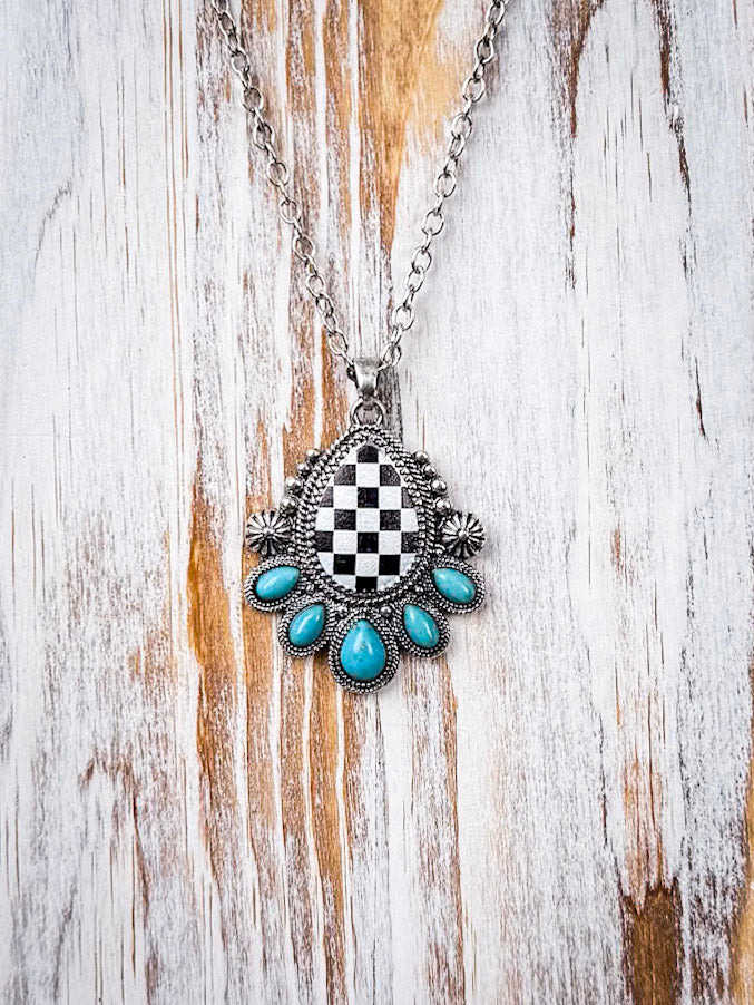 The Rodeo Queen Necklace – Checker Teardrop & Concho Fashion Pendant