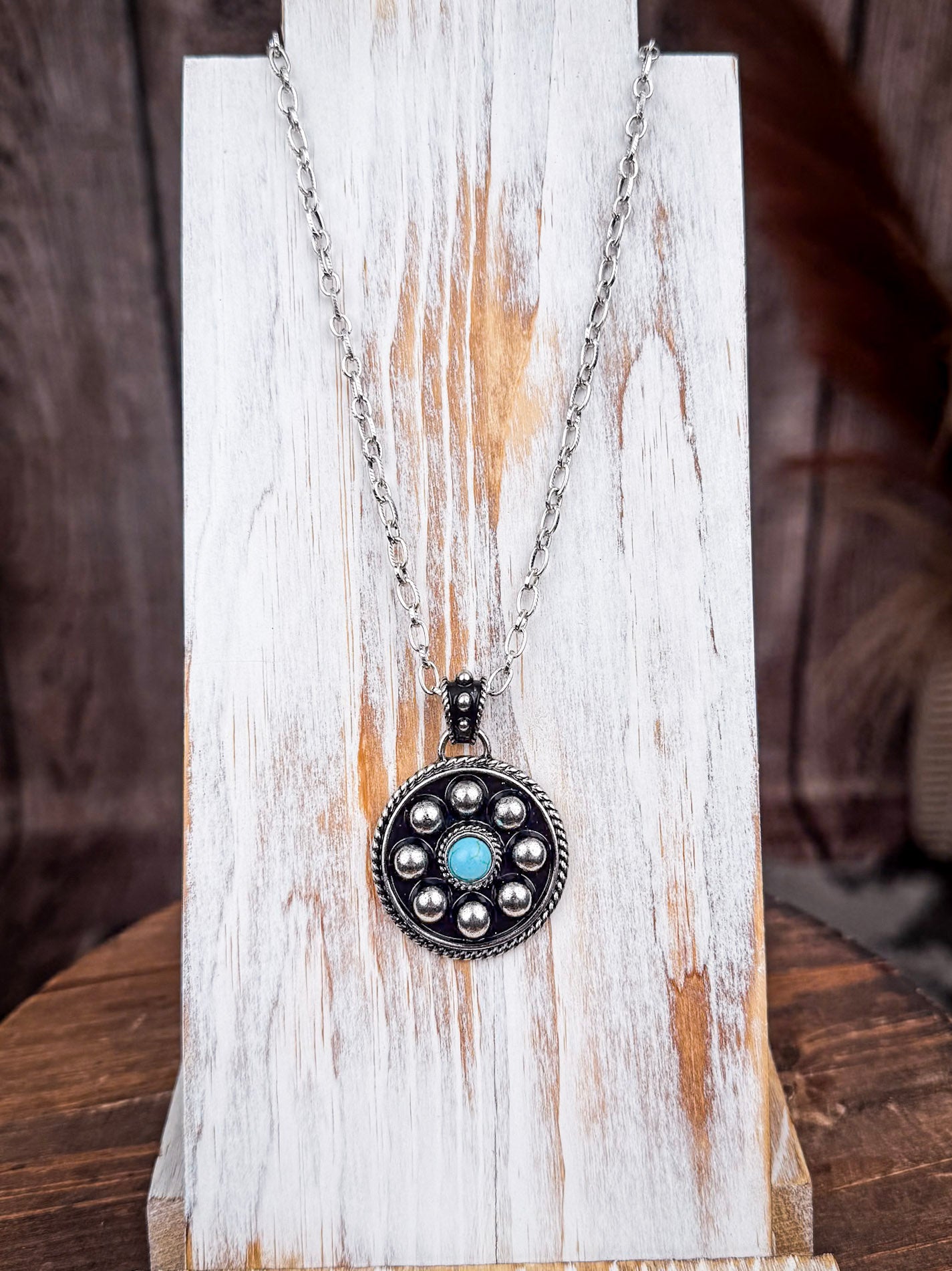 Lareda Round Concho Pendant with Aqua Stone Fashion Necklace
