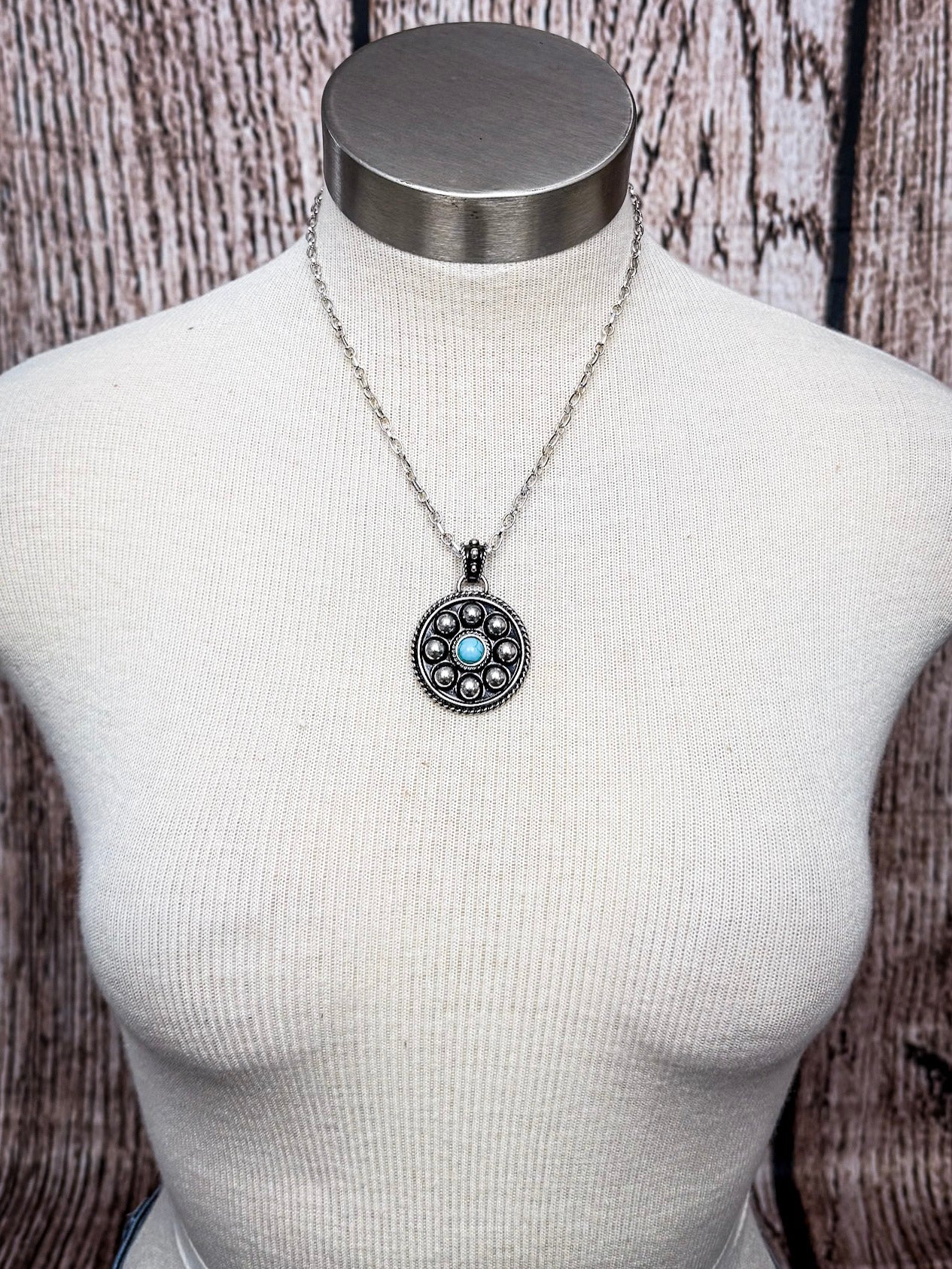 Lareda Round Concho Pendant with Aqua Stone Fashion Necklace