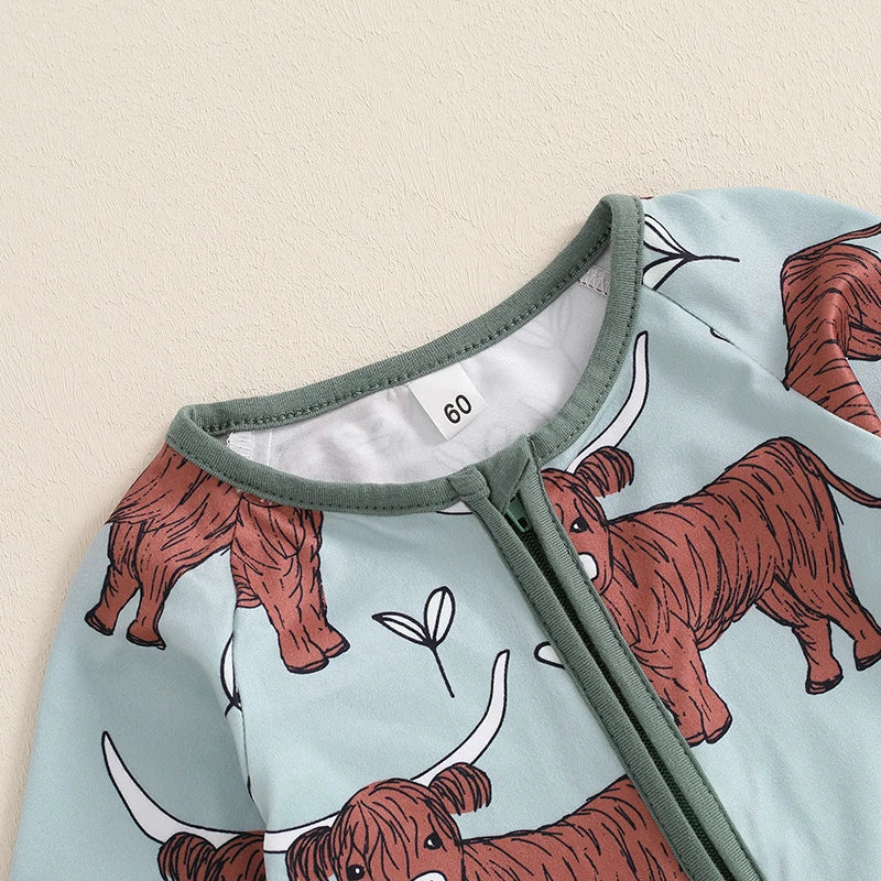 Baby Girls Boys Highland Cow Romper Print Long Sleeve Zipper Jumpsuit Fall Bodysuit