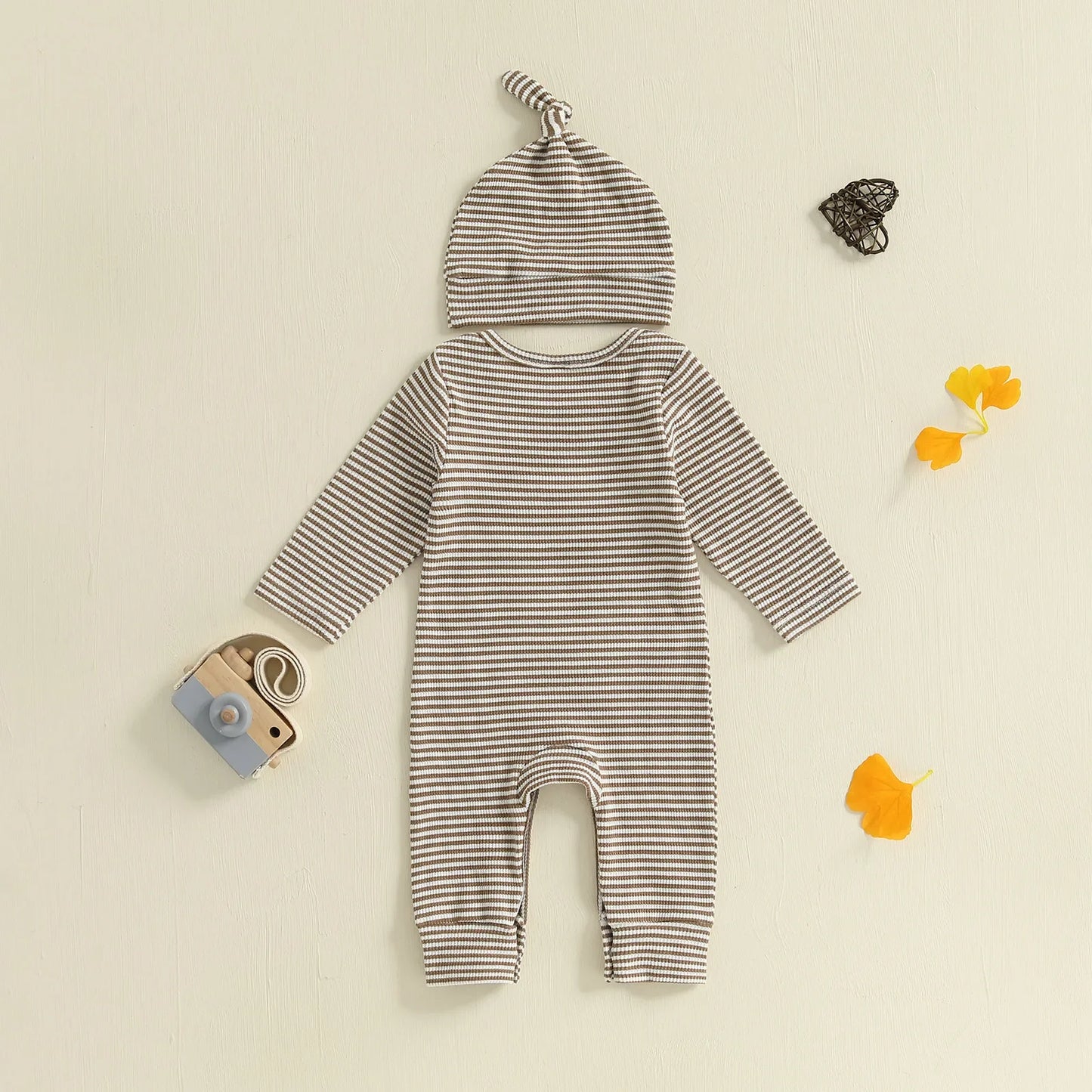 Baby Boys 2Pcs Autumn Striped Jumpsuit Long Sleeve Crewneck Letter Little Bro Embroidery Romper with Hat Set
