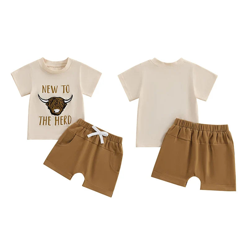 Baby Toddler Boys 2Pcs New To The Herd Summer Outfit Letter Cow Embroidery Round Neck Short Sleeve T-Shirt Top Elastic Waist Shorts Set