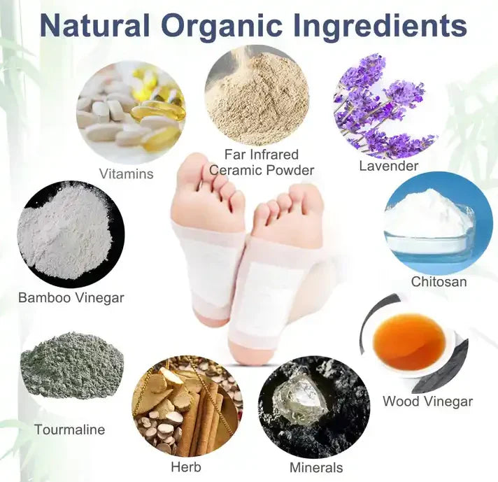 Illustration of natural organic ingredients used in a product, including vitamins, far infrared ceramic powder, lavender, bamboo vinegar, chitosan, tourmaline, herb, and wood vinegar.