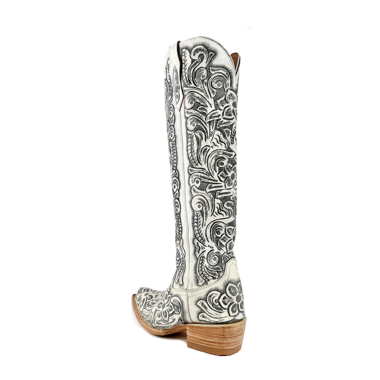 Women’s Hand-Tooled White Tall Cowboy Boots (Presale)