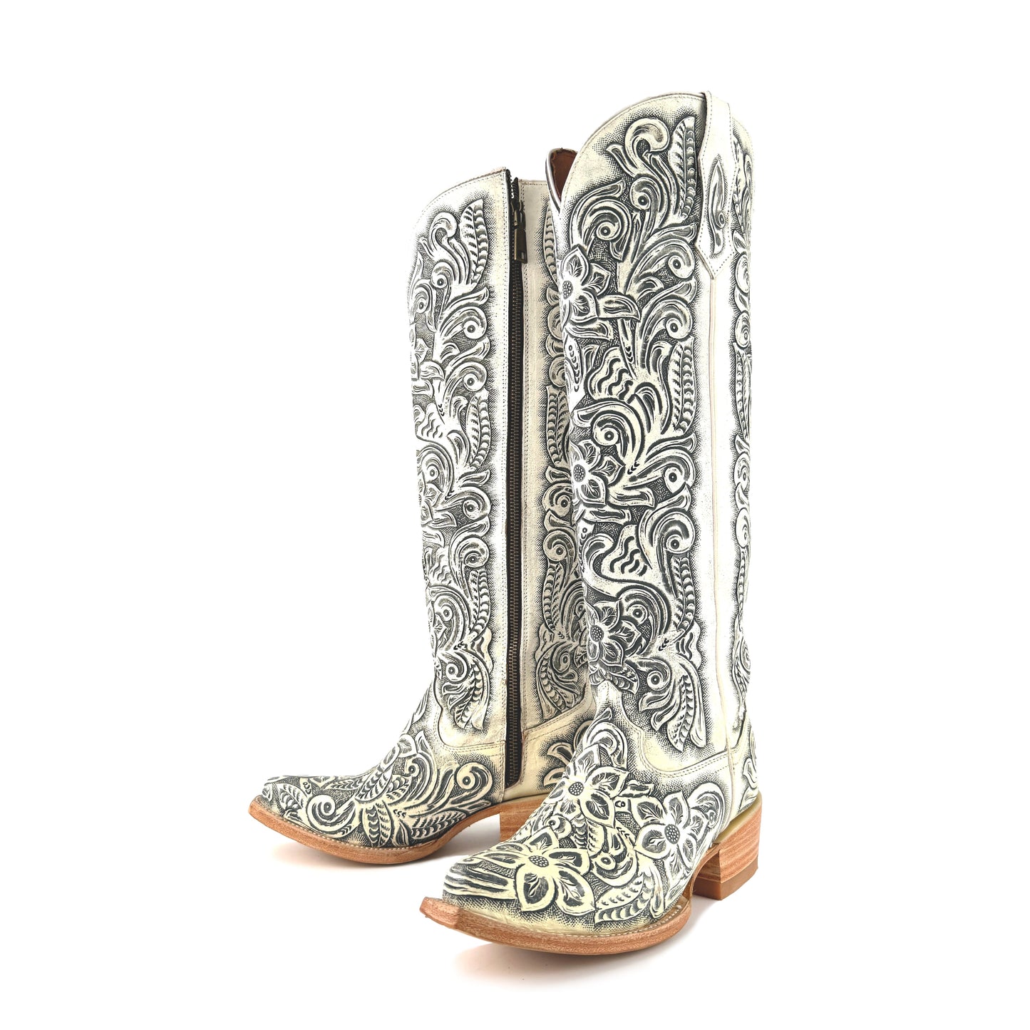 Women’s Hand-Tooled White Tall Cowboy Boots (Presale)